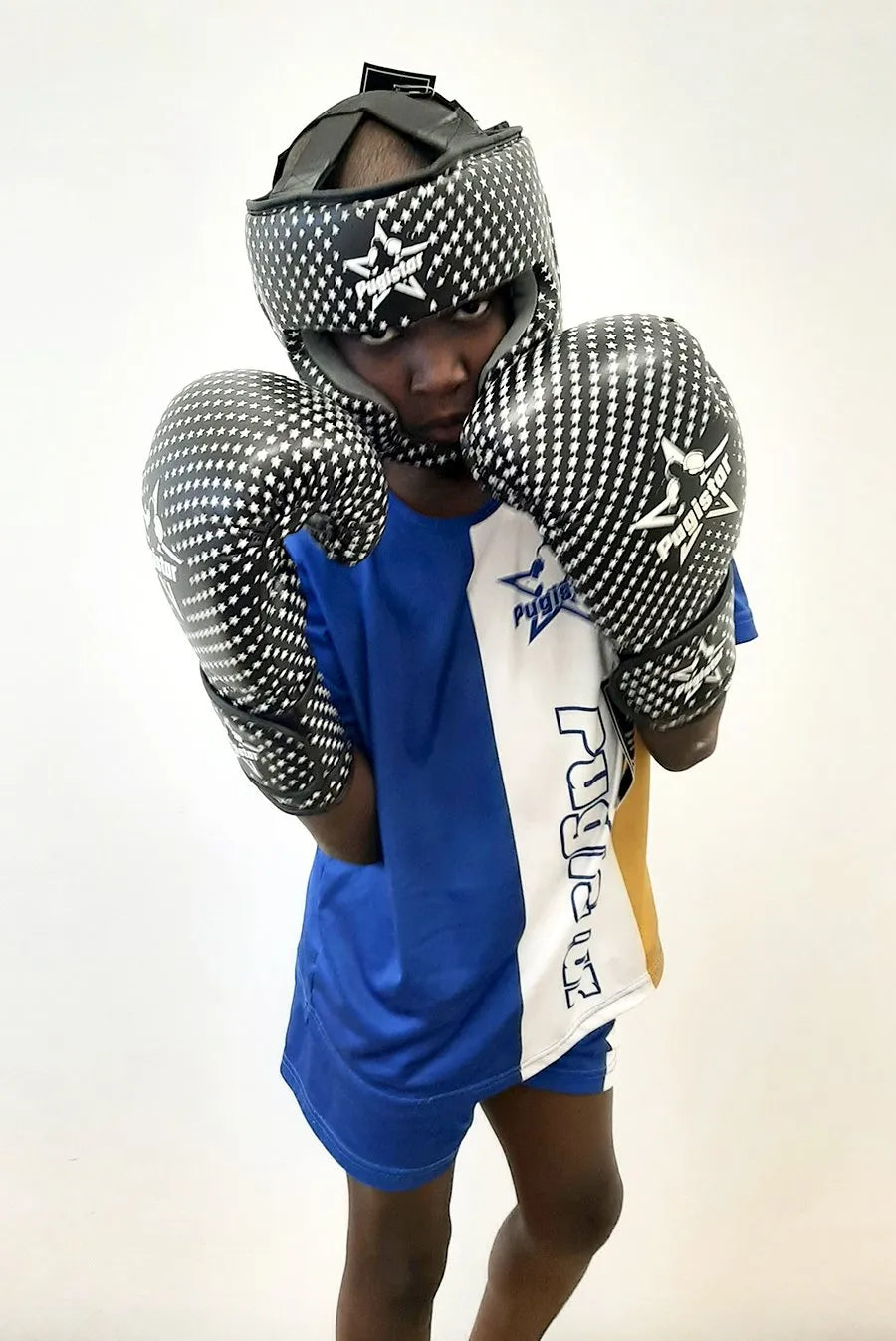 Ens. gants + casque synthétiques noir étoiles blanches Pugistar