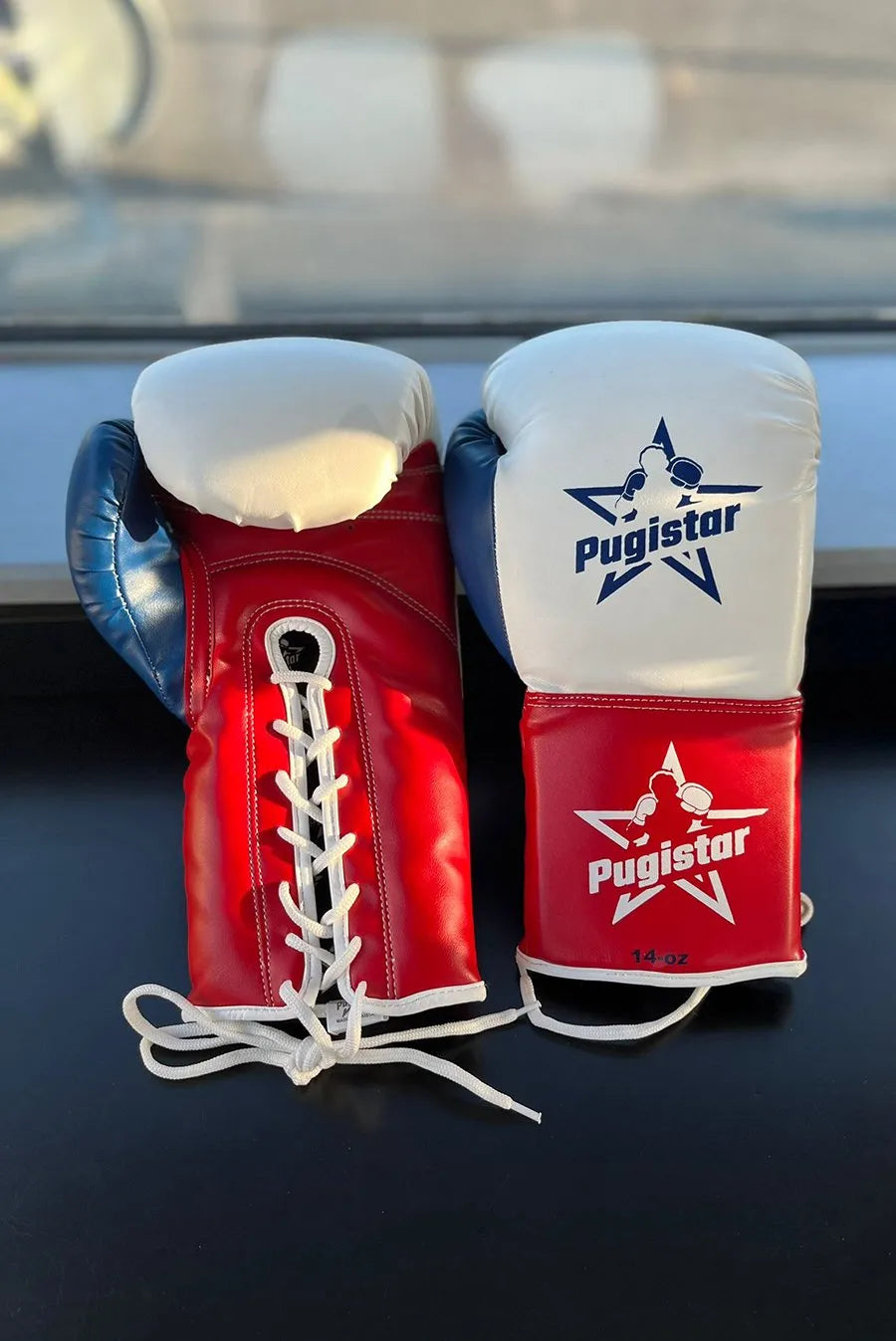 Paire de gants cuir à lacets bleu/blanc/rouge Pugistar