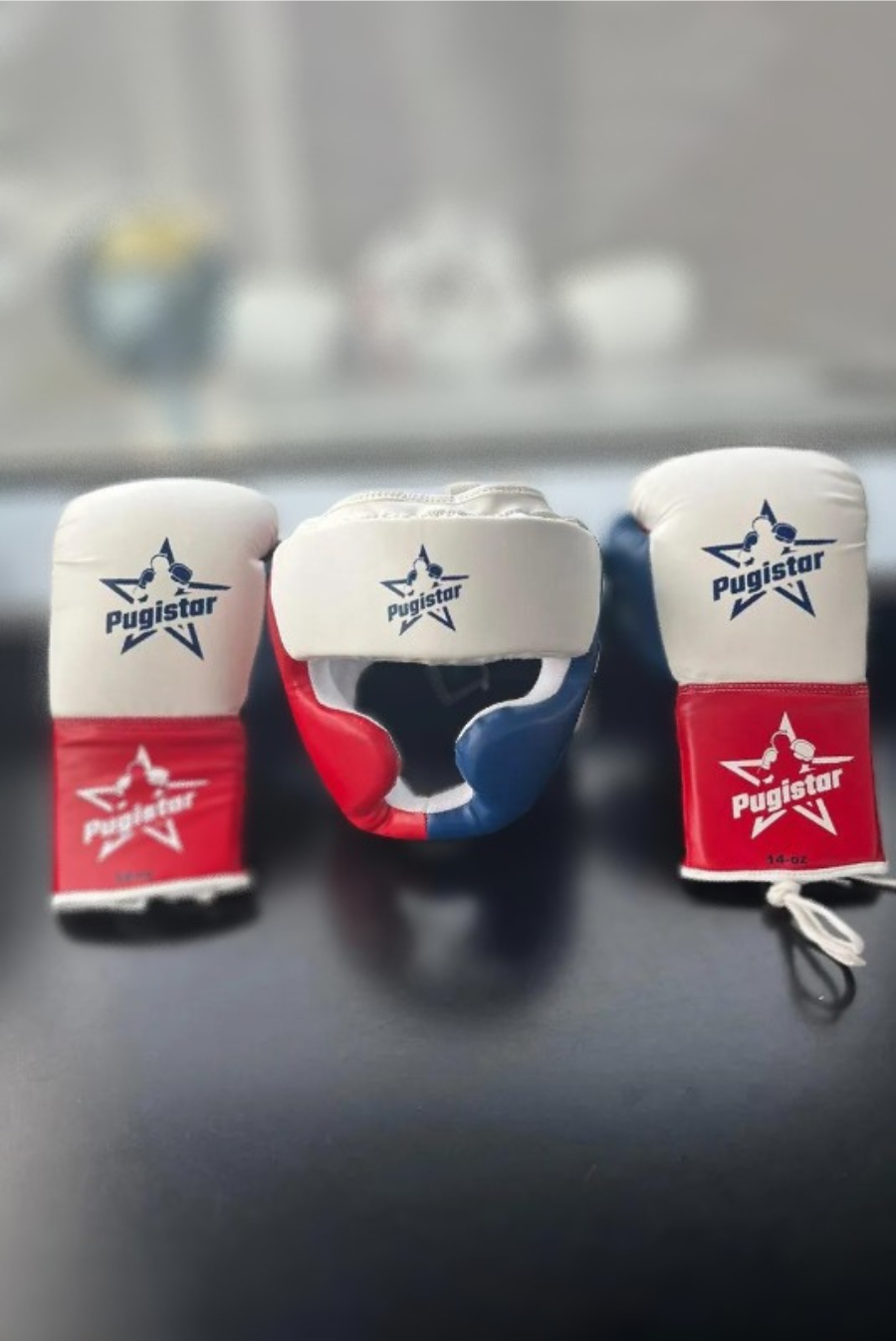 Ens. gants à lacets + casque cuir bleu/blanc/rouge Pugistar
