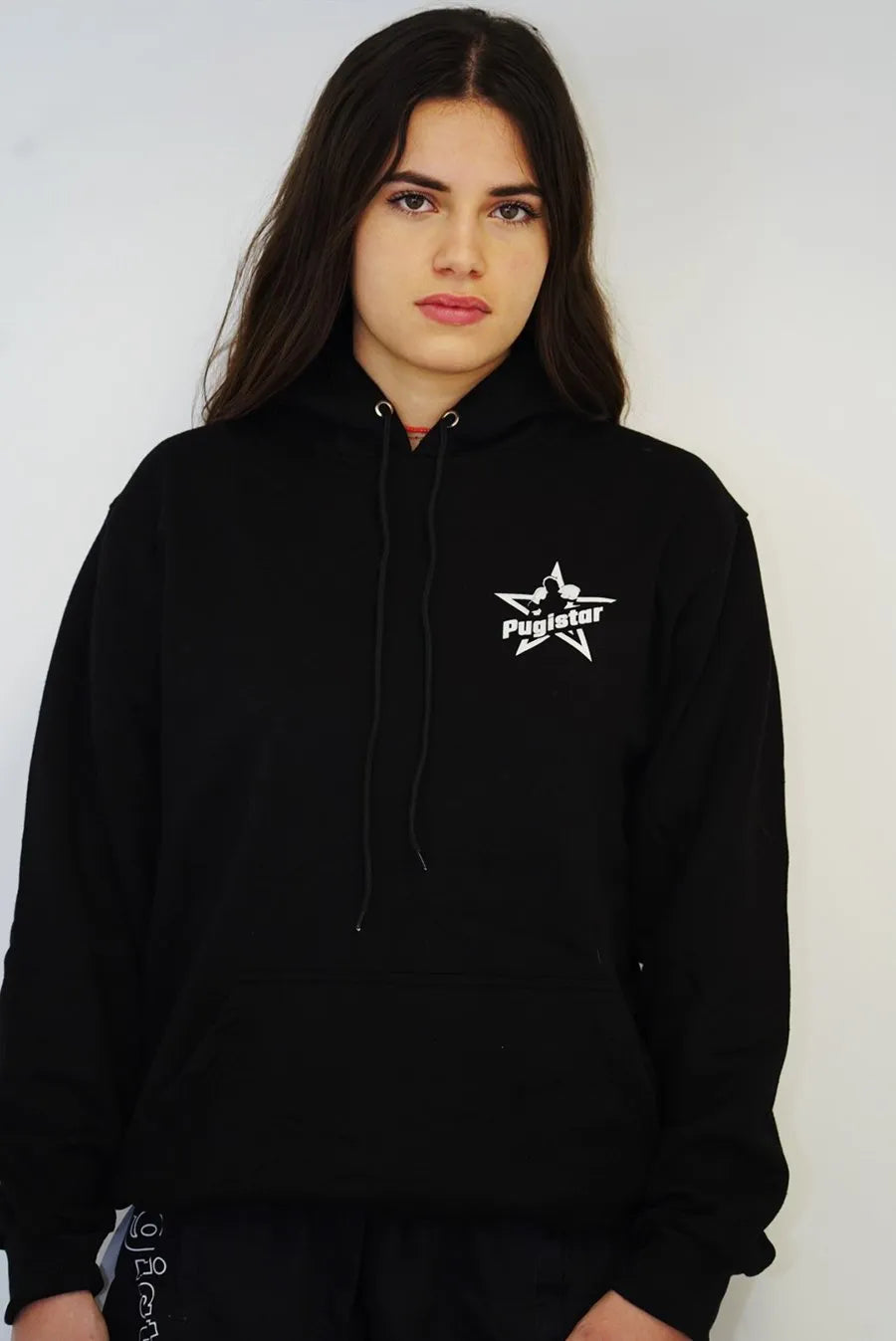 Sweat capuche uni noir Pugistar logo blanc