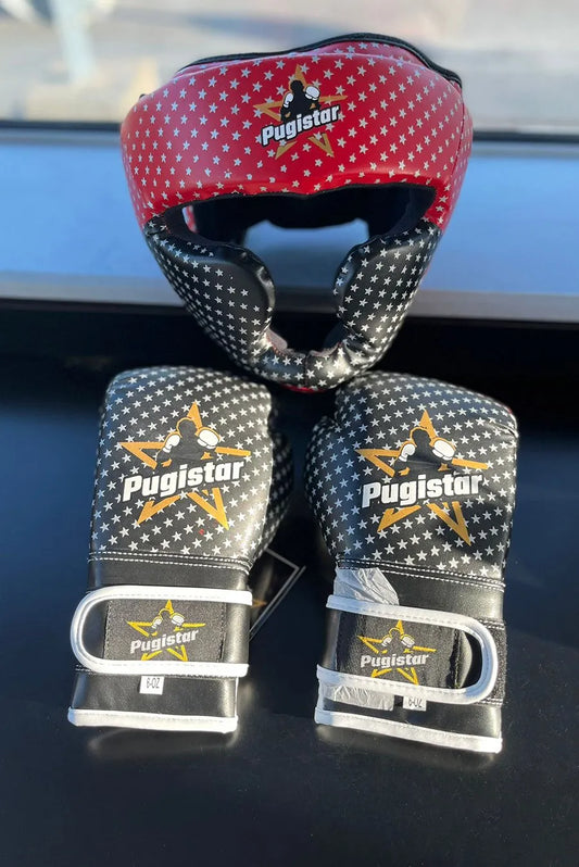 Ens. gants + casque enfant synthétiques rouge noir étoiles Pugistar