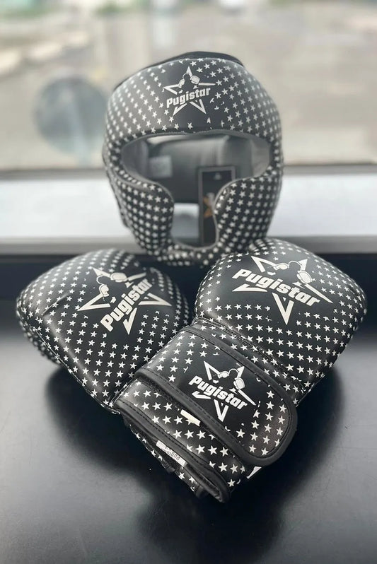 Ens. gants + casque synthétiques noir étoiles blanches Pugistar